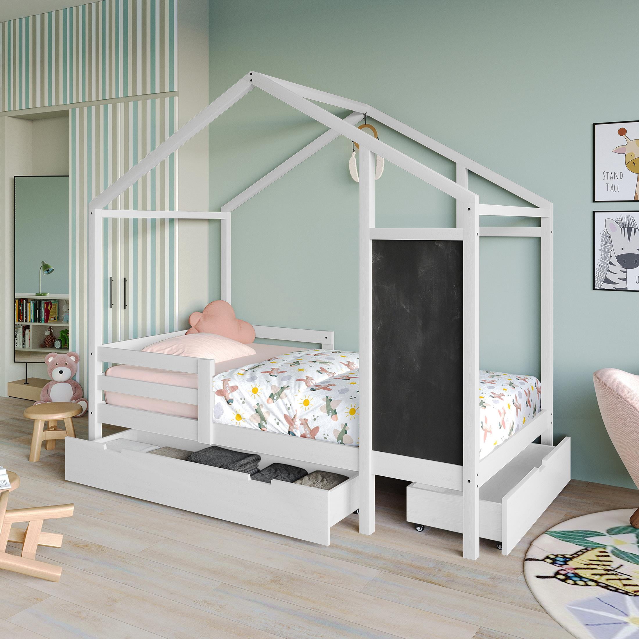 Castle Place Mid-Century Wooden Canopy Bed, White