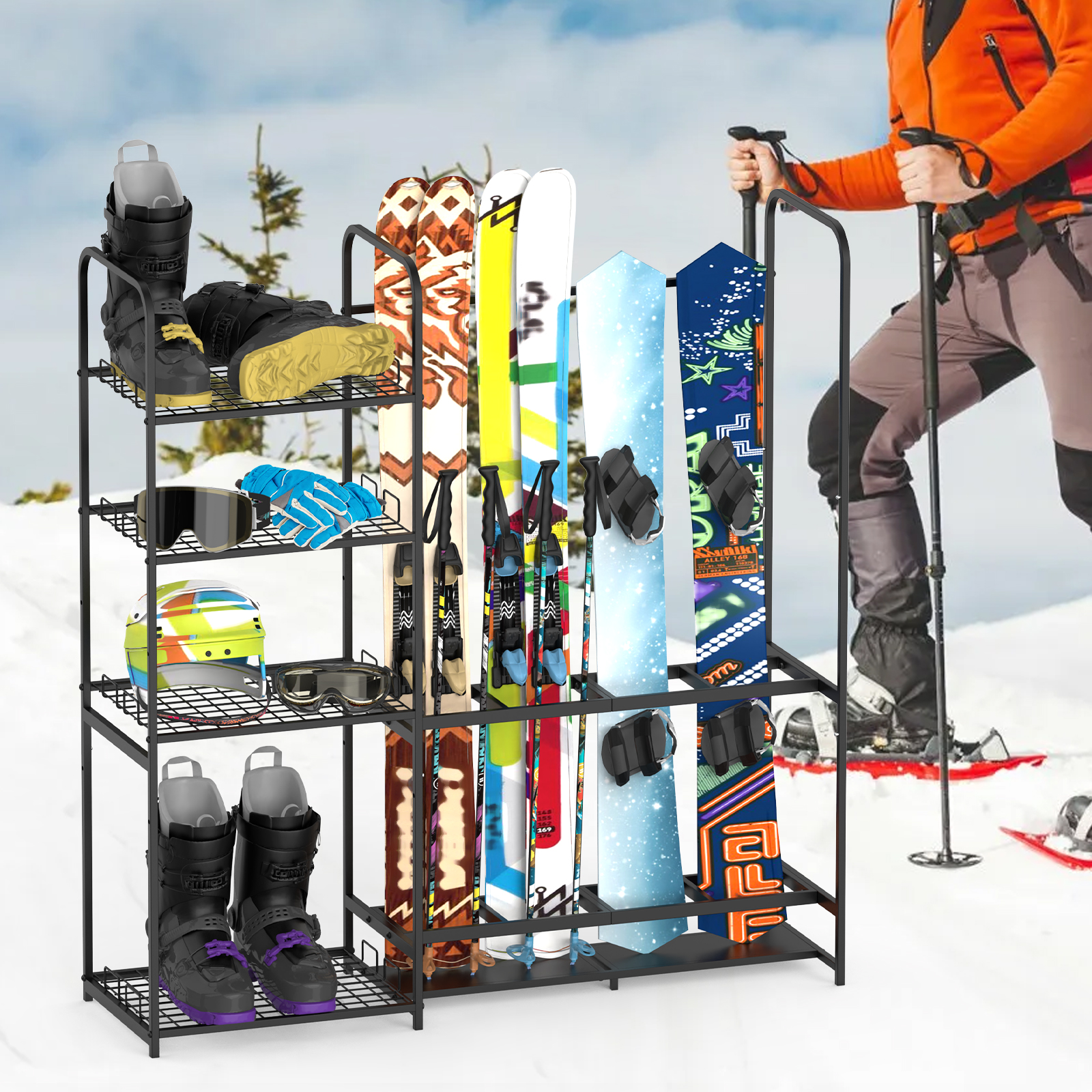 Freestanding Ski Rack for Garage - Heavy Duty Metal Storage