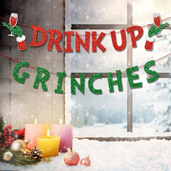 On Clearance!Grinch Christmas Tree Decorations Hanging Ornament Drink Up Banner, Glittery Christmas Decorations Banners Winter Holiday Garland Photo Props Banner For Party Home Decorations