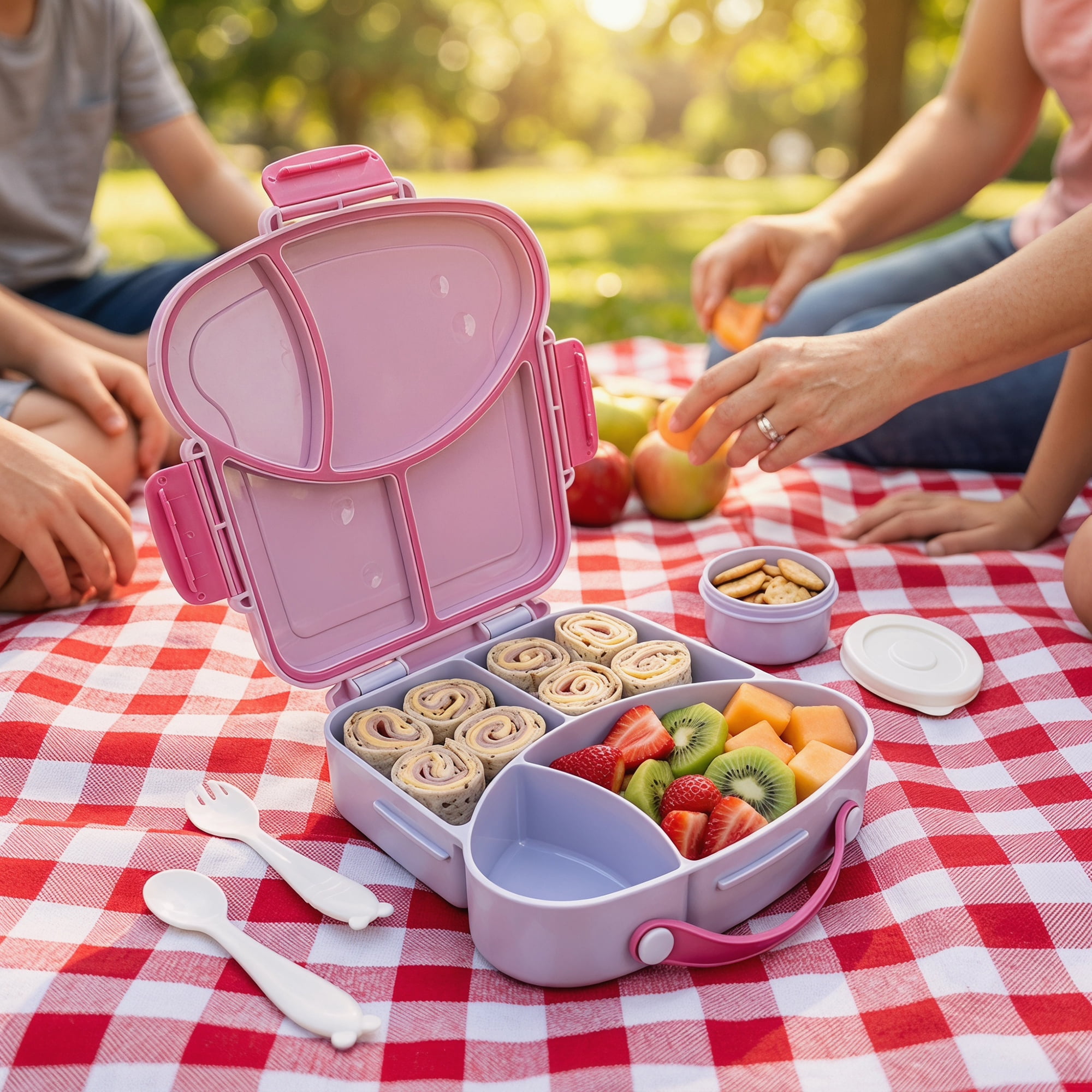 Unique Bargains 4-Compartment Meal Lunch Bento Box with Matching Cutlery Taro Purple