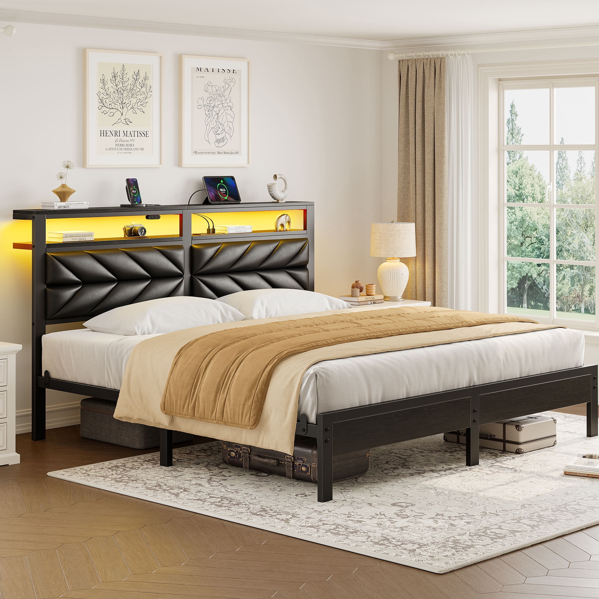Greenstell King LED Bed Frame with Headboard Storage - Charging Station,Black