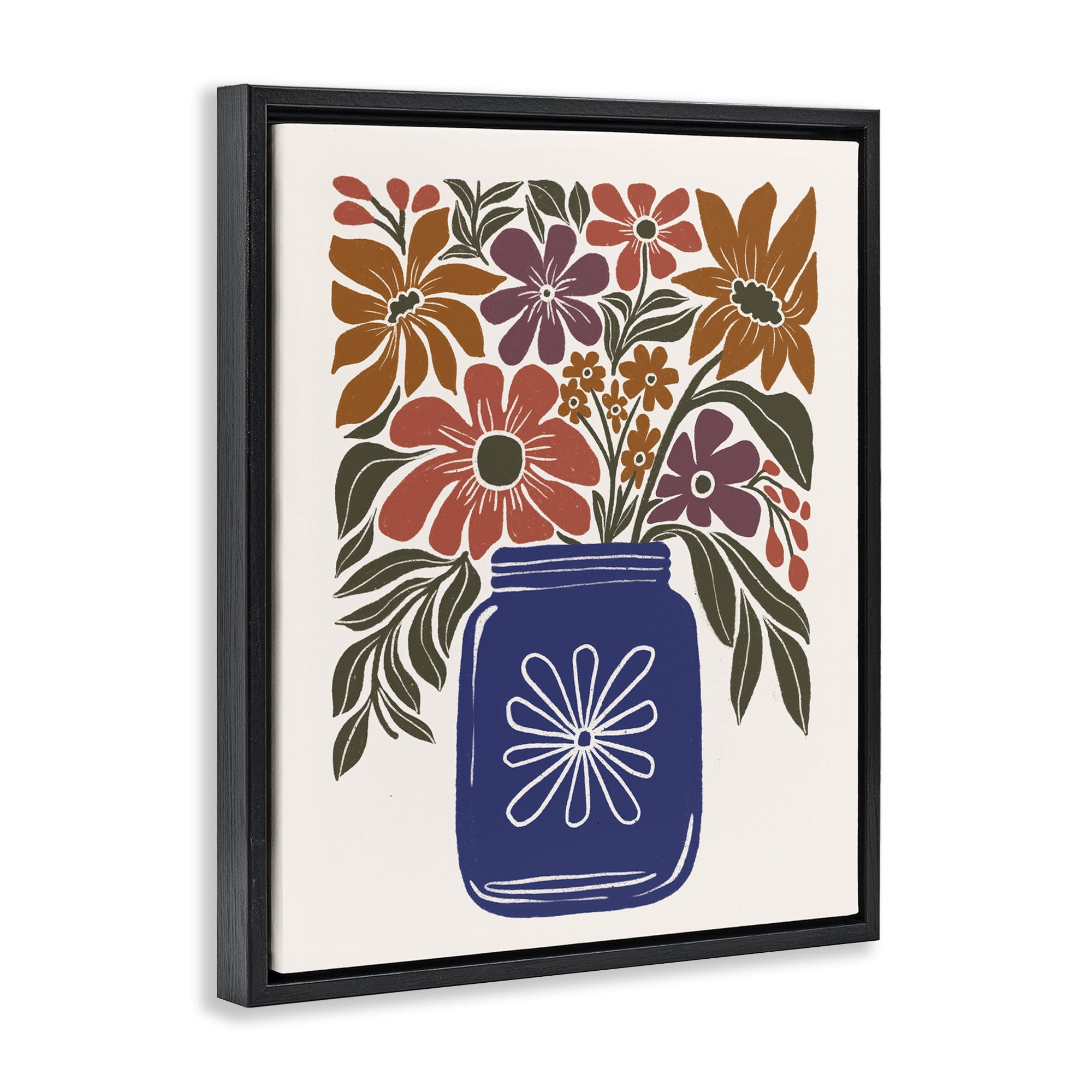 Stupell Industries Boho Blossoms Vase Plants & Flowers Painting Black Floater Framed Canvas Art Print Wall Art, 17 x 21
