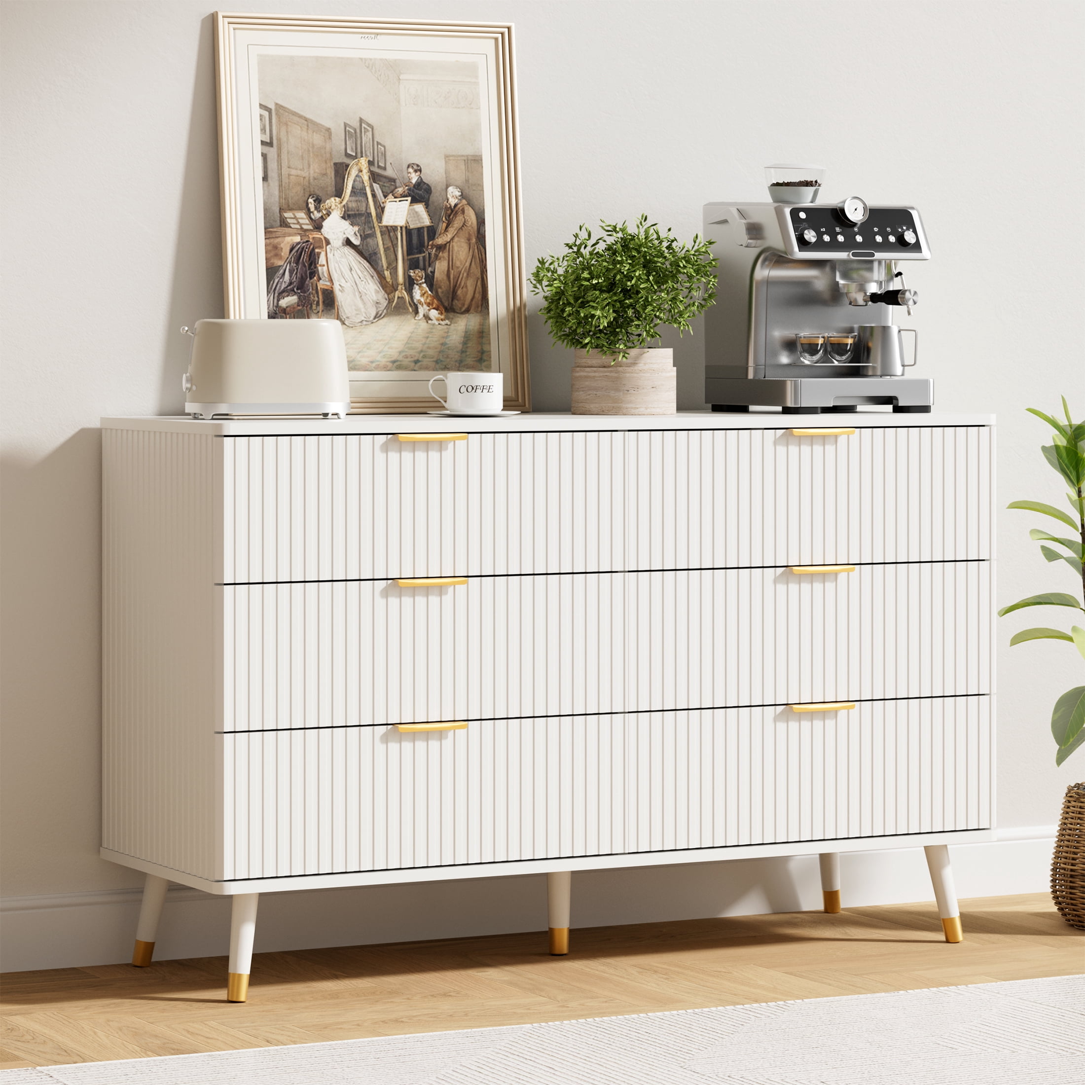YouTrend 6 Drawer Dresser with Metal Handles Modern Fluted Wood Dresser Adult Storage Chest of Drawers for Bedroom Living Room Hallway,White