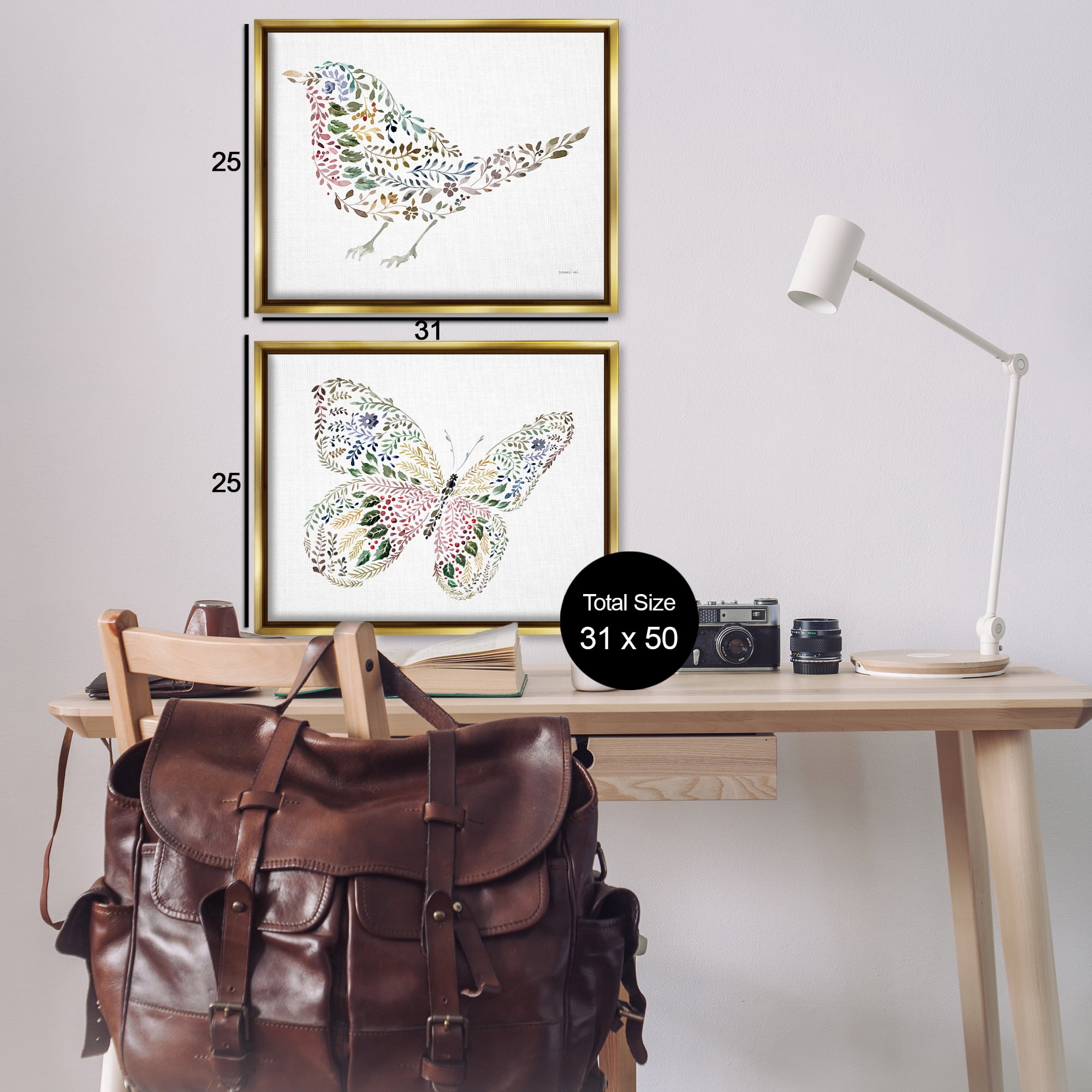Stupell Industries Bird & Butterfly From Nature Animals Painting Gold Floater Framed Canvas Art Print Wall Art, 31 x 25, Set of 2