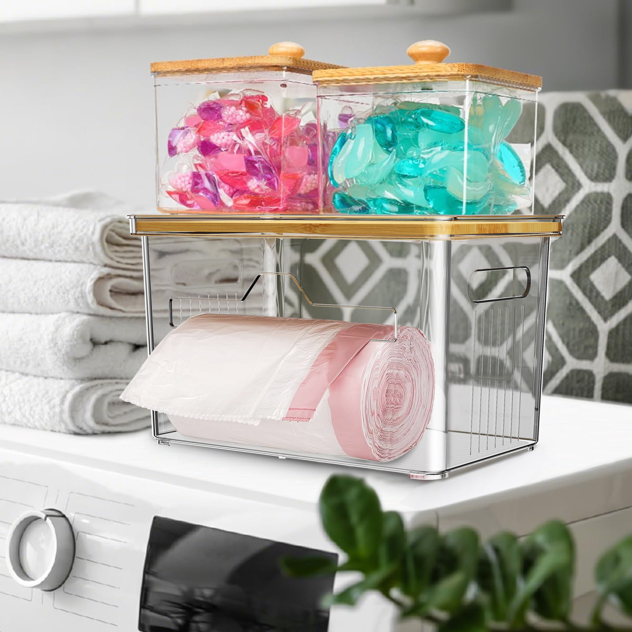 Hnrifc 2 Pack Stackable Storage with Bamboo Top for Laundry Room Organization, Extra Large Trash Bag/Garbage Bag Dispenser, Under Sink Organizer, Pantry Organizers