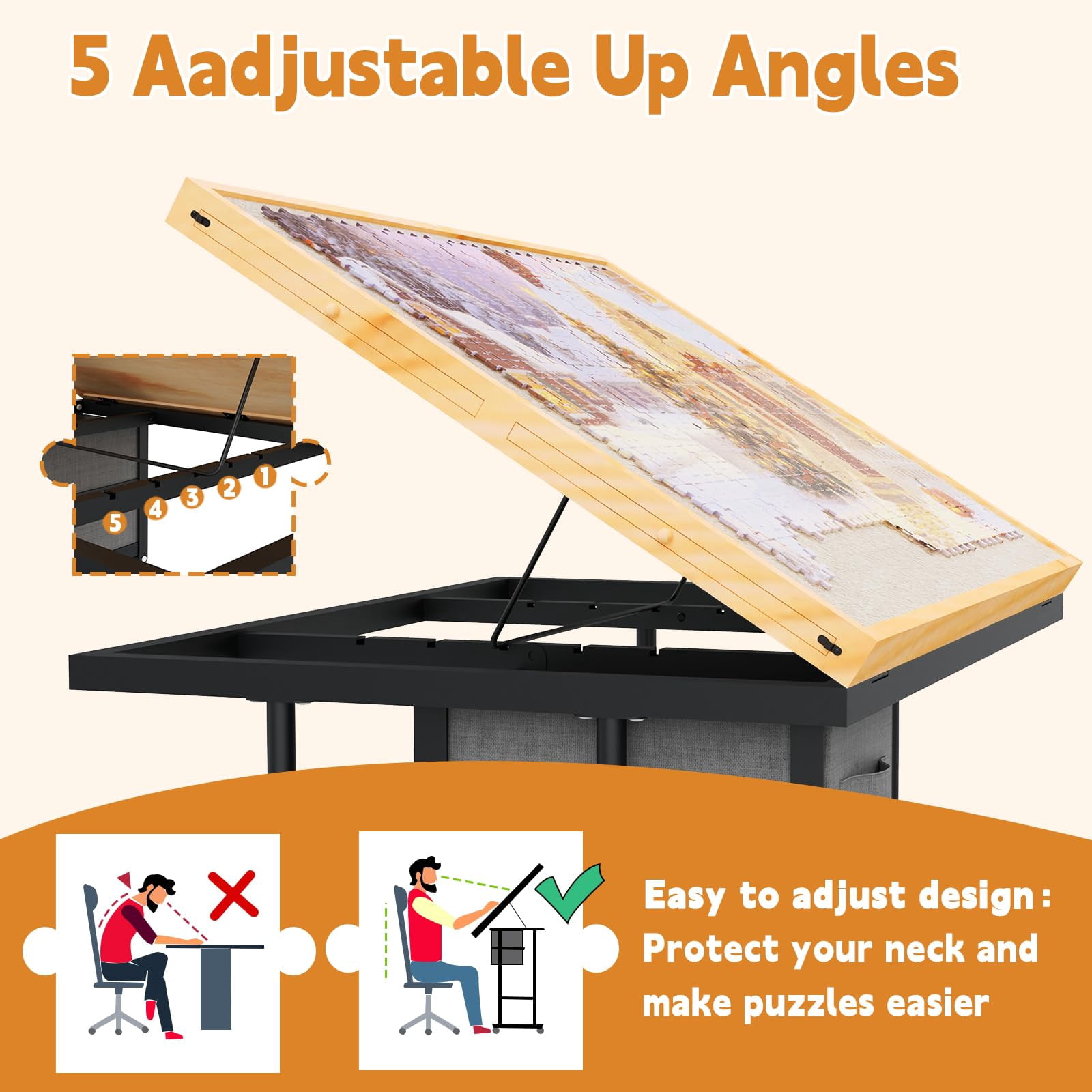Jigsaw Puzzle Table for Adults with 6 Drawer and Legs, 1500 Pieces Puzzle Table with Protective Cover&Wheels, Adjustable Height and Five up Angles, Natural&Gray