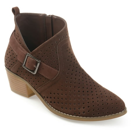 Brown Suede High Heel - Brinley Co. Women's Perforated Faux Suede Stacked Heel Asymmetrical Booties