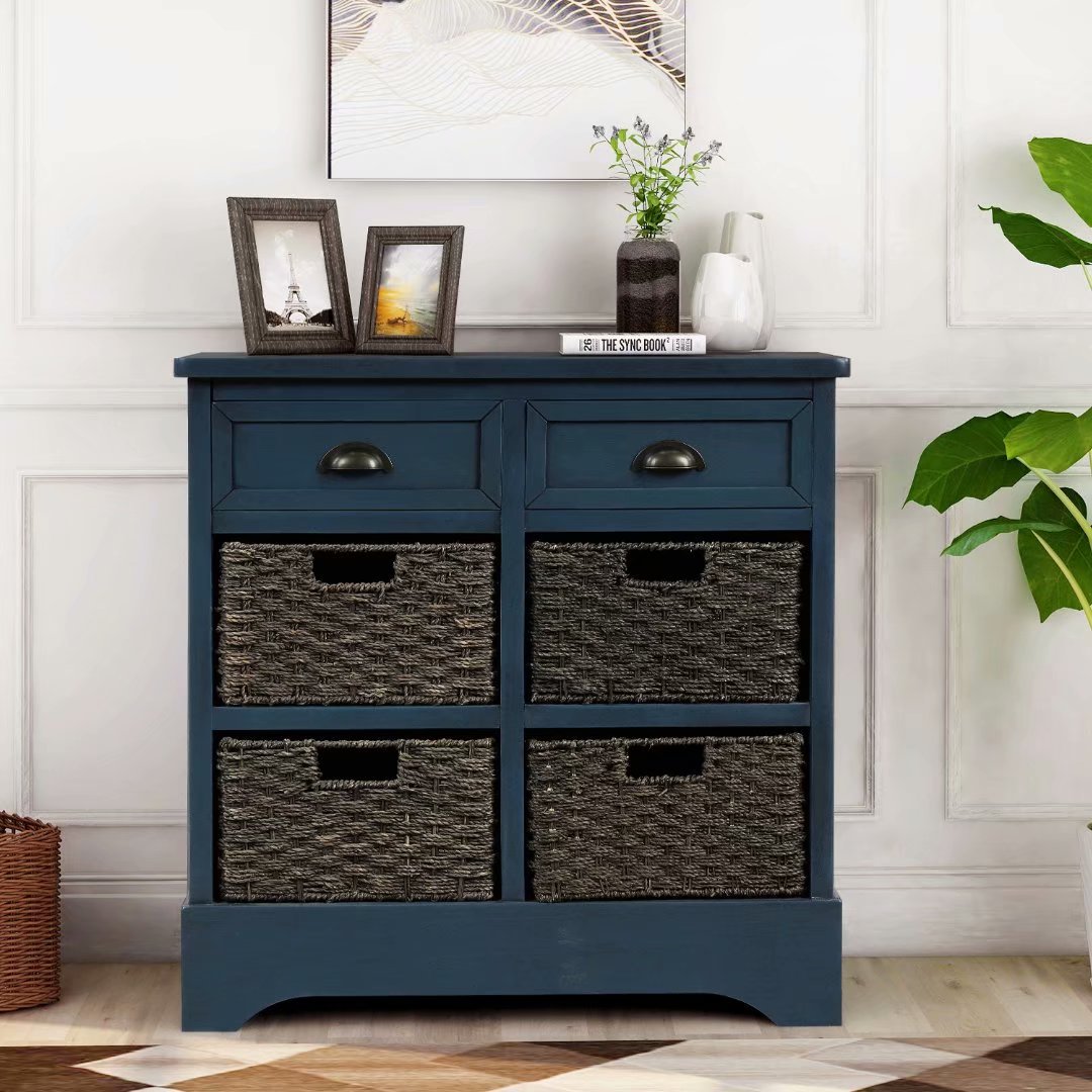Trexm Rustic Storage Cabinet With Two Drawers And Four Classic Fabric Basket For Kitchen Dining Room Entryway Living Room Accent Furniture Antique Navy Walmart Com Walmart Com