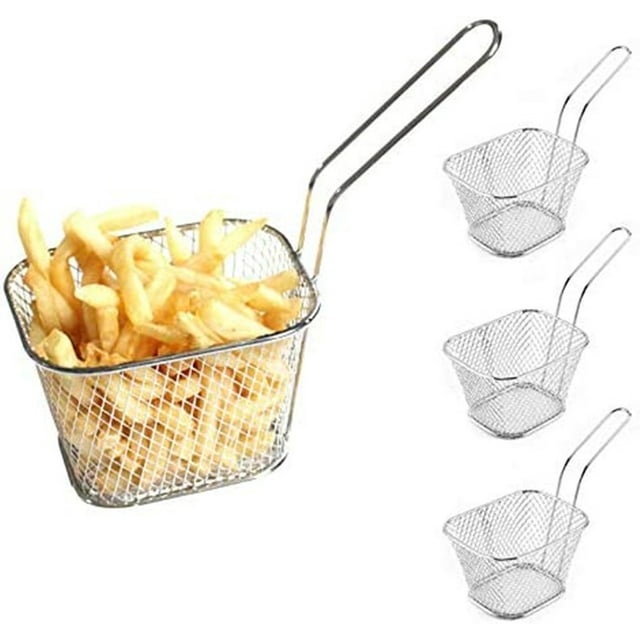 Torubia 4 PCS Mini Square Fry Baskets, 4 Inches French Fry Chip Basket Net, Food Presentation Baskets Chrome French Fry Holder for Kitchen/Restaurant/Party/Barbecue(Silver)