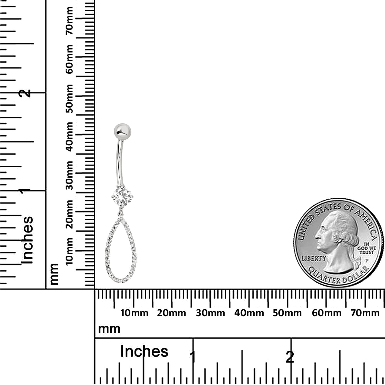 AVORA 10K White Gold Simulated Diamond CZ Open Teardrop Dangling Belly Button Ring Body Jewelry (14 Gauge)