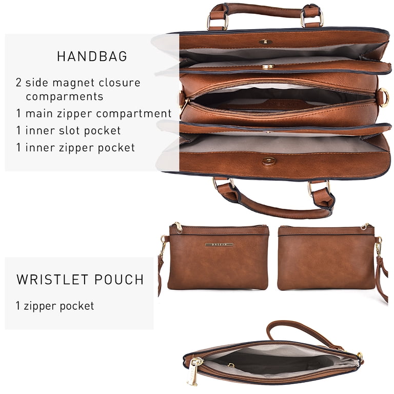 Dasein Vegan Leather Satchel with Clutch, Brown photo 4