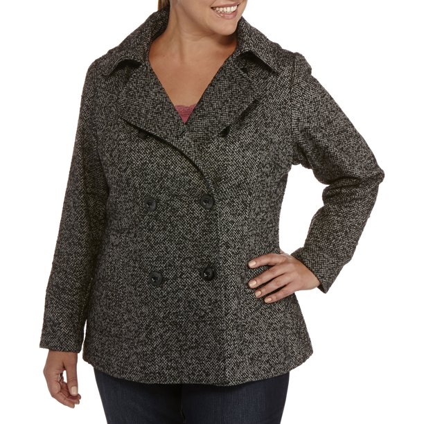 Faded Glory Women's PlusSize DoubleBreasted Faux Wool Peacoat With Hood