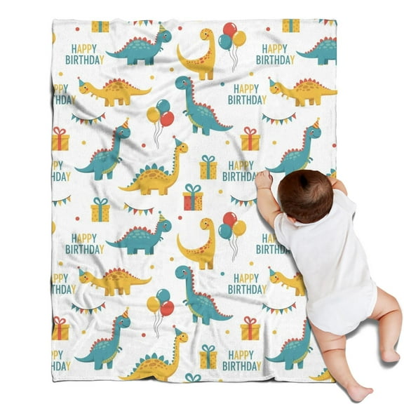 White Cartoon Dinosaurs Birthday Pattern Blanket,Comfortable Soft Flannel Throw Blanket,All Season,Warm Lightweight Blankets for Sofa Bed Couch Living Room Chair,30"x40"