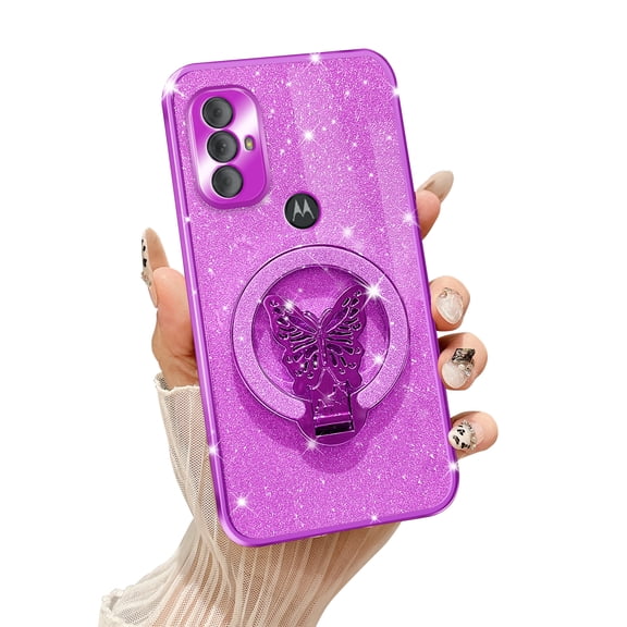 Fyxkocm for for Moto G Pure Case/G Power 2022 Case with Butterfly Stand Compatible with Magsafe, Women Girls Bling Luxury Glitter Clear Phone Case Shockproof Protective Cover, Purple