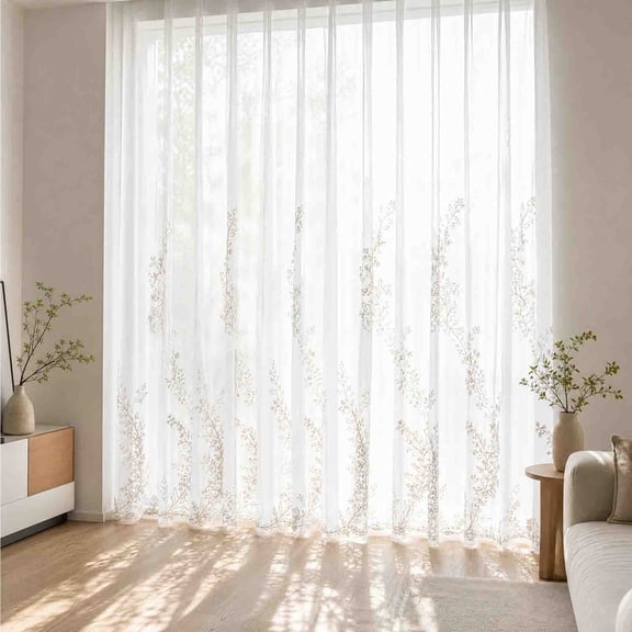 Embroidered Sheer Curtain Panel, 52 * 108 inch White Botanical Floral Rope Embroidery Window Voile, Light Filtering Transparent Drapery for Living Room Bedroom Dining Room, Single Panel