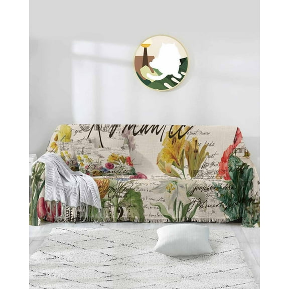 Beige Floral Sofa Covers for 3 Cushion Couch,Washable Sectional & L Shape Couch Covers for Dog/Cat/Kid,Vintage Botanical Romantic Shabby Flowers Non Slip Sofa Slipcover Tassel Futon Cover 71x150