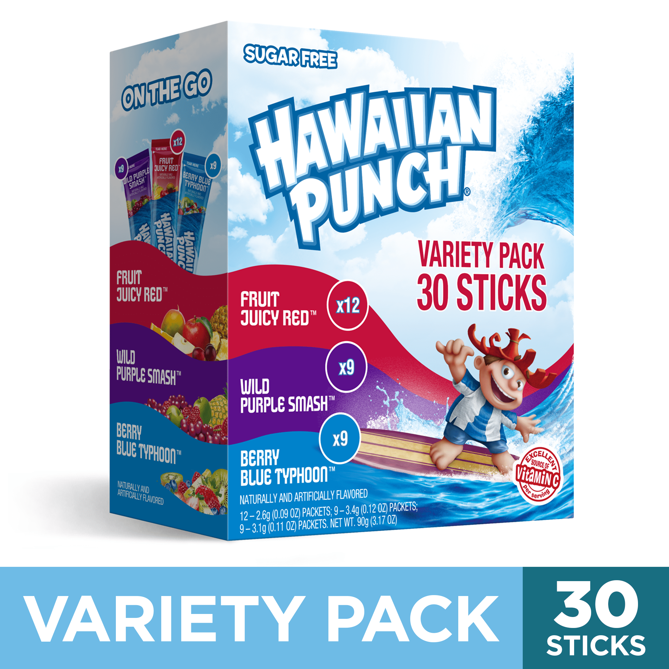 (6 pack) Hawaiian Punch Powder Drink Mix Variety Pack, Red, Blue, & Purple, Sugar-Free, 30 Count