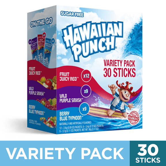 Hawaiian Punch Powder Drink Mix Variety Pack, Red, Blue, & Purple, Sugar-Free, 30 Count