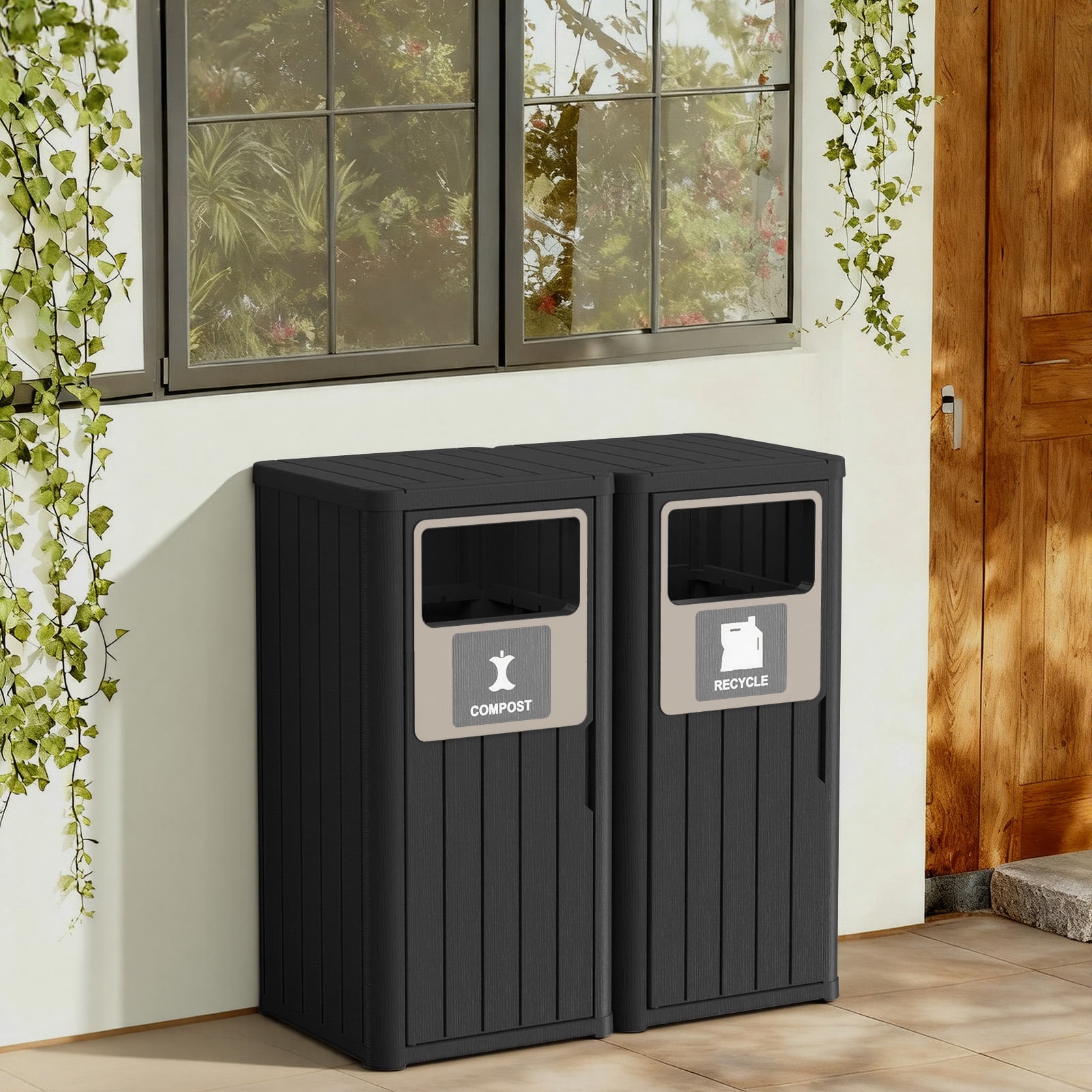 MAYEERTY 2x80L Outdoor Dual-Bucket Sorting Waste Bin (Compost & Recycle), Weather-Resistant Trash Can for Patio Yard Garden