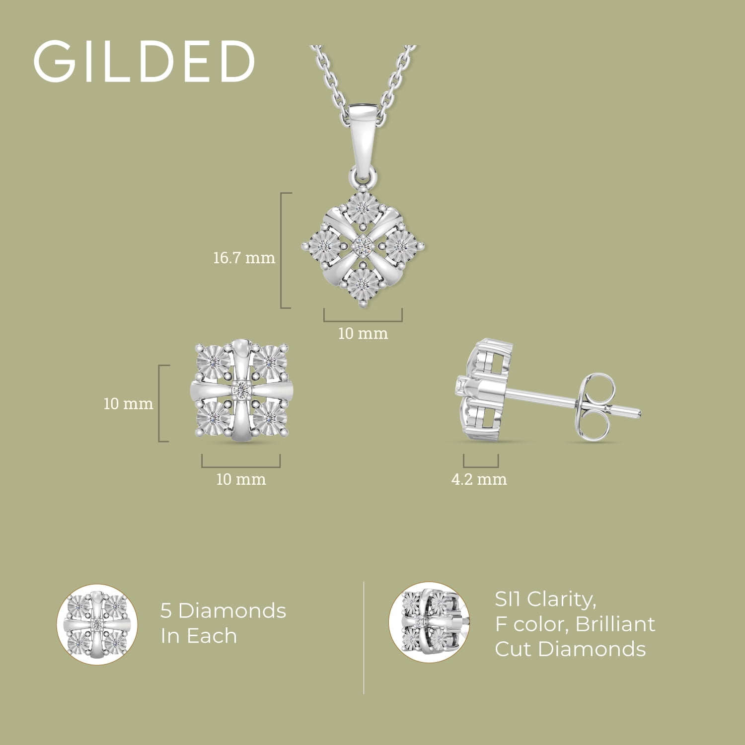 Gilded 1/10 CTTW Lab-Grown Diamond Diamond shaped Stud Earrings & 18" Necklace Set, Sterling Silver, Elegant & Ethical Jewelry for Women, Gift Box Included, Ideal for Anniversaries, Birthdays & Gifts