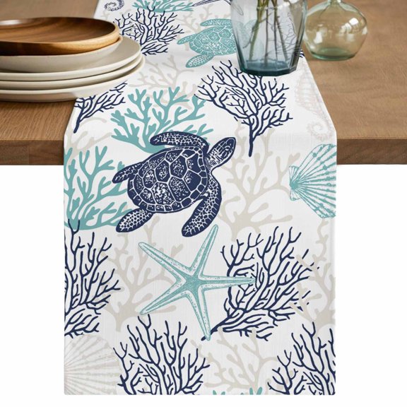 Table Runner 70 Inch Long - Blue Sea Turtle Ocean Coral Decorative Table Scarf, Sea Starfish Seahorse Dining Table Runners for Wedding Party Kitchen Dining Tables