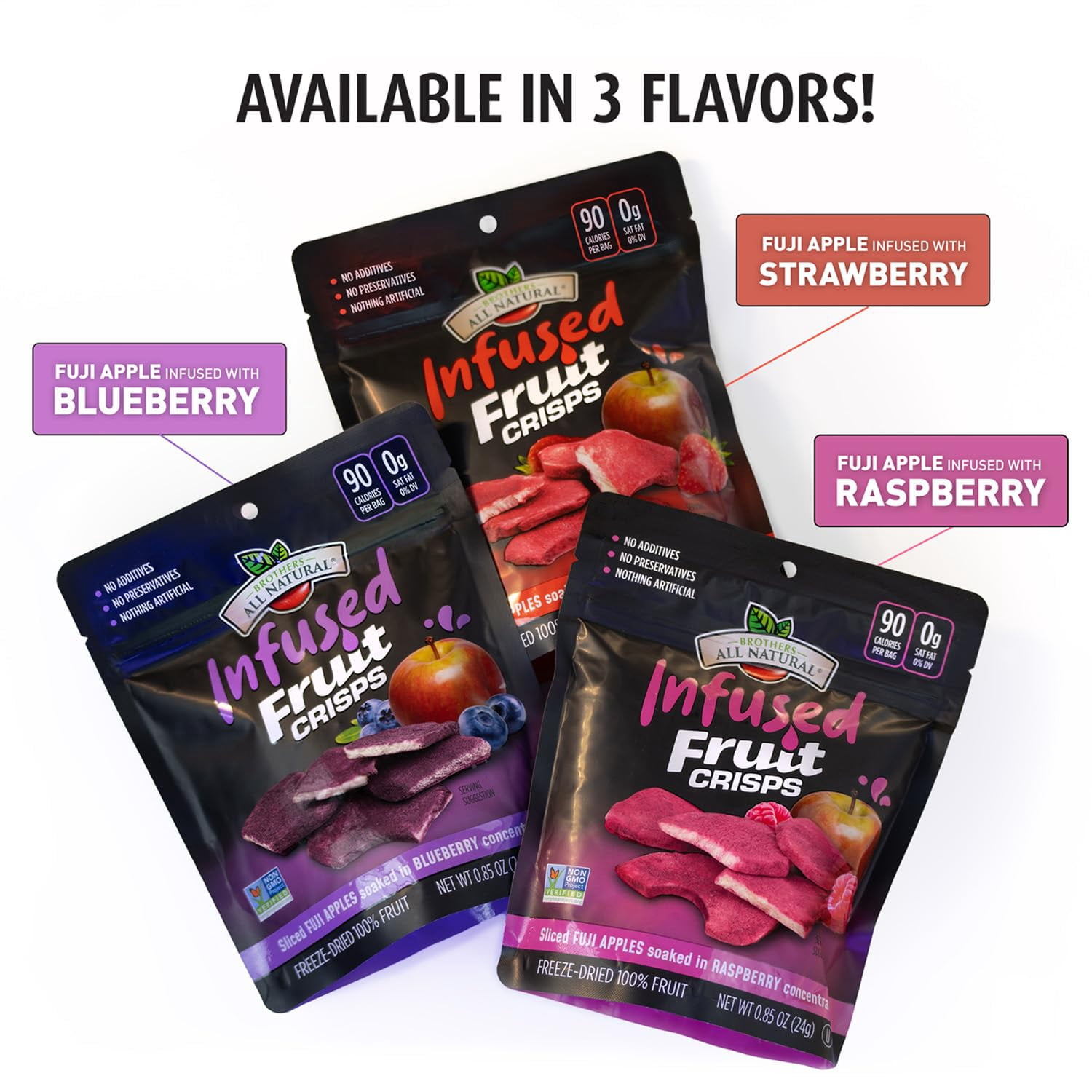 Brothers All Natural Infused Freeze Dried Fruit Crisps, Fuji Apple Infused with Raspberry, 0.85 Oz (Pack of 8), Made with 100% Fruit, Gluten Free, Soy Free, Vegan, Healthy Snack, Resealable Pouch