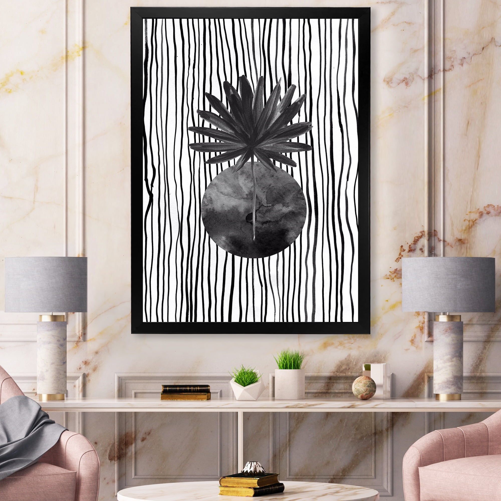 Designart 'Black and White Striped Under Tropical Leaf I' Modern Framed Art Print