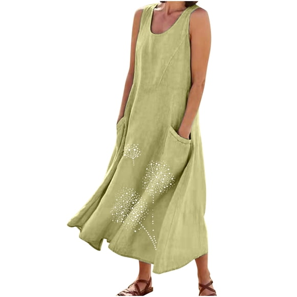 RKSTN Summer Dresses for Women 2024 Casual Cotton and Linen Round Neck Sleeveless Sundresses Loose Plus Size Floral Printed Swing Beach Maxi Dresses