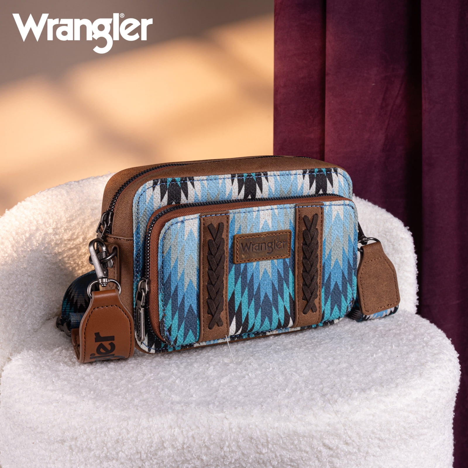 Wrangler Aztec Crossbody Bag for Women Multi Pocket Shoulder Bag Boho Cross Body Wallet Purse, Aztec-Jean