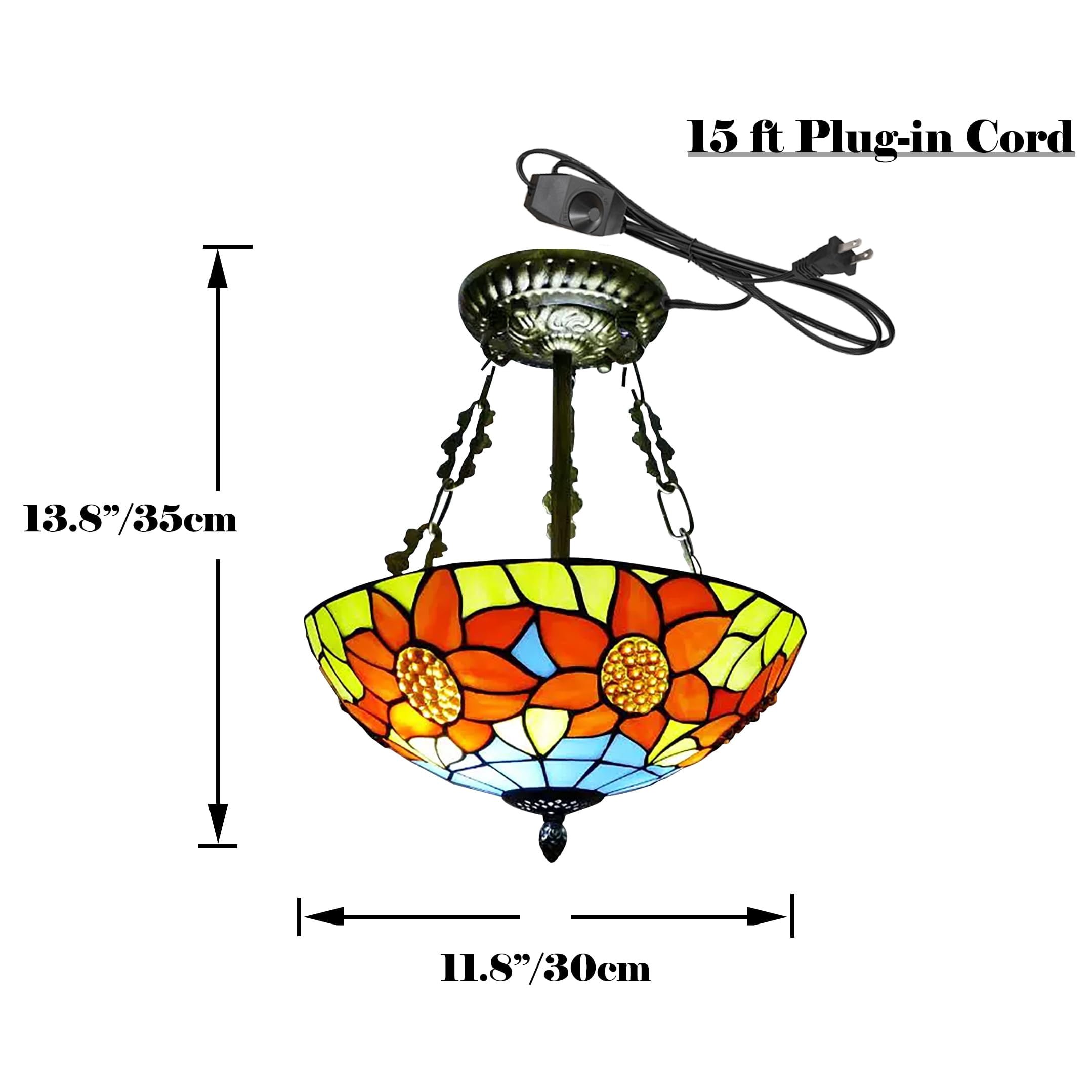 Kiven 11.8in Flush Mount Ceiling Light Fixture Dimmable, 2-Light Anti Glare Close to Ceiling Light with 15FT Plug-in Cord, Tiffany-Style Glass Chandelier for Bedroom Kitchen Hallway(No.3220)