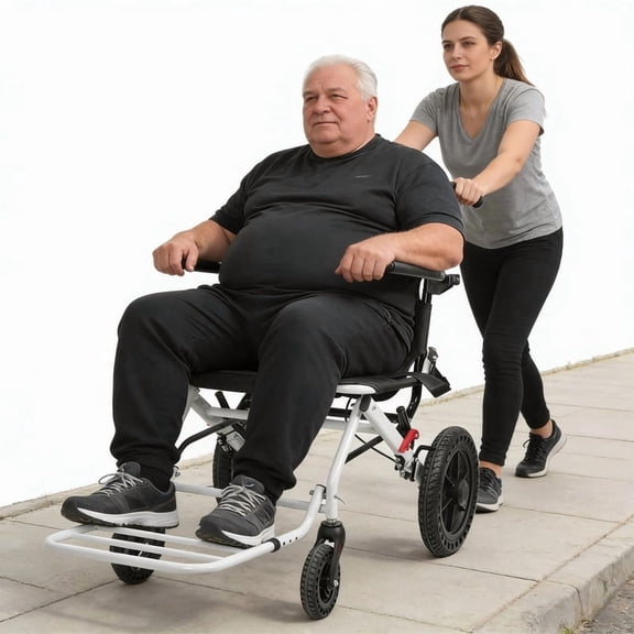 Postuois 20 Inch Wide Heavy Duty Transport Wheelchair for Adults & Seniors, Ultra-Light 14lbs Carbon Steel Frame with 12" Rear Wheels, Telescopic Handle, Supports 265 lbs