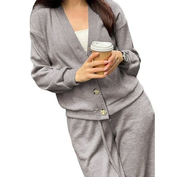 Womens 2 Piece Sweatsuits Long Sleeve V Neck Button Down Tops and Jogger Pants Fall Winter Trendy Lounge Sets Khaki M