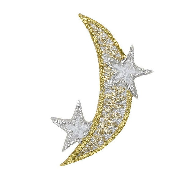 Gold Crescent Moon - Silver Stars - Iron on Applique/Embroidered Patch