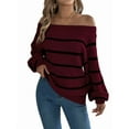 thumbnail image 2 of Off Shoulder Striped Sweater Women Fall Fashion Casual Knit Sweaters Pullover Y2k Cute Tops Wine Red L, 2 of 9