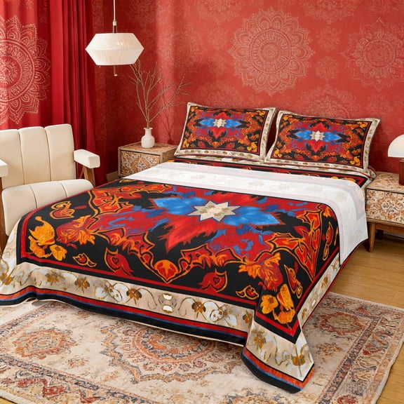 Erosebridal Hippie Mandala Full Size Sheets, Bohemian Floral Bed Sheets, Red Black, 4pcs 1 Flat Sheet, 1 Fitted Sheet and 2 Pillowcases