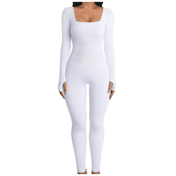 Women's Sexy Bodysuits Long Sleeve Square Neck One Piece Ribbed Yoga Jumpsuit Solid Stretchy Outfits Sport Club Romper Womens Clothes