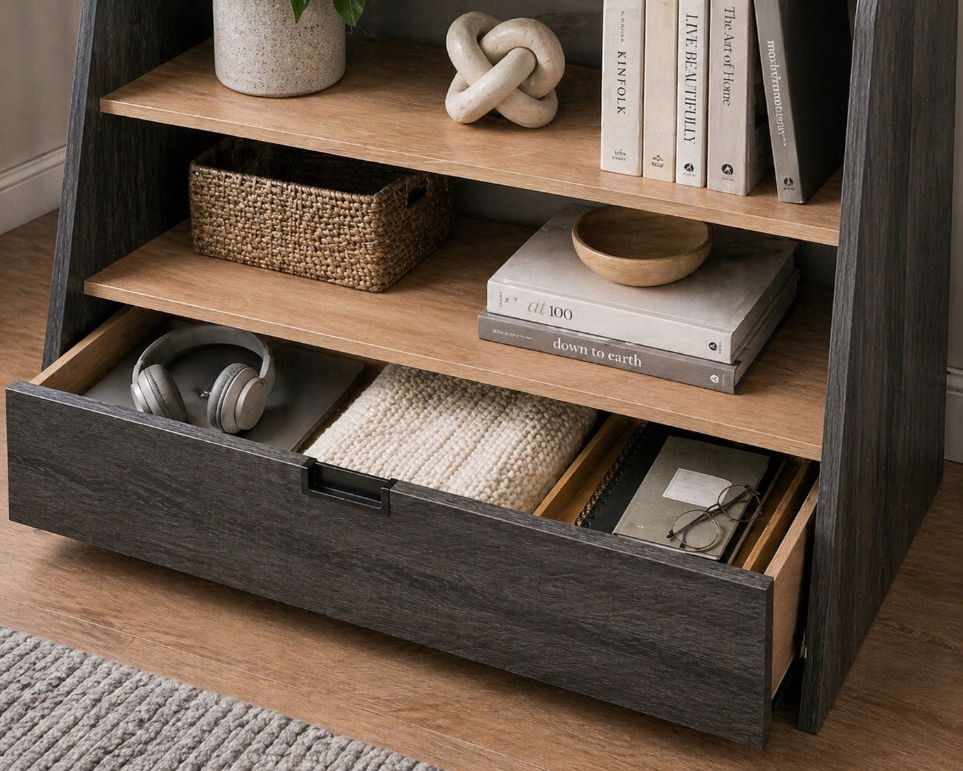 OSHome Modular Storage Bookshelf with 3 Shelves and Drawer – Black Woodgrain Laminate