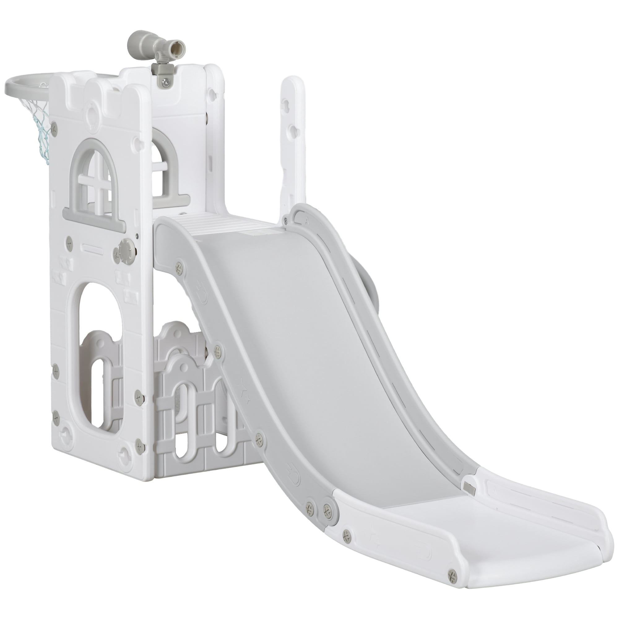 CoSoTower Glissoire 4 en 1 pour Tout-Petit avec Panier de Basketball, Grimpeur, Télescope, Panier de Rangement, pour Enfants de 1 à 3 Ans pour Usage Intérieur, Gris