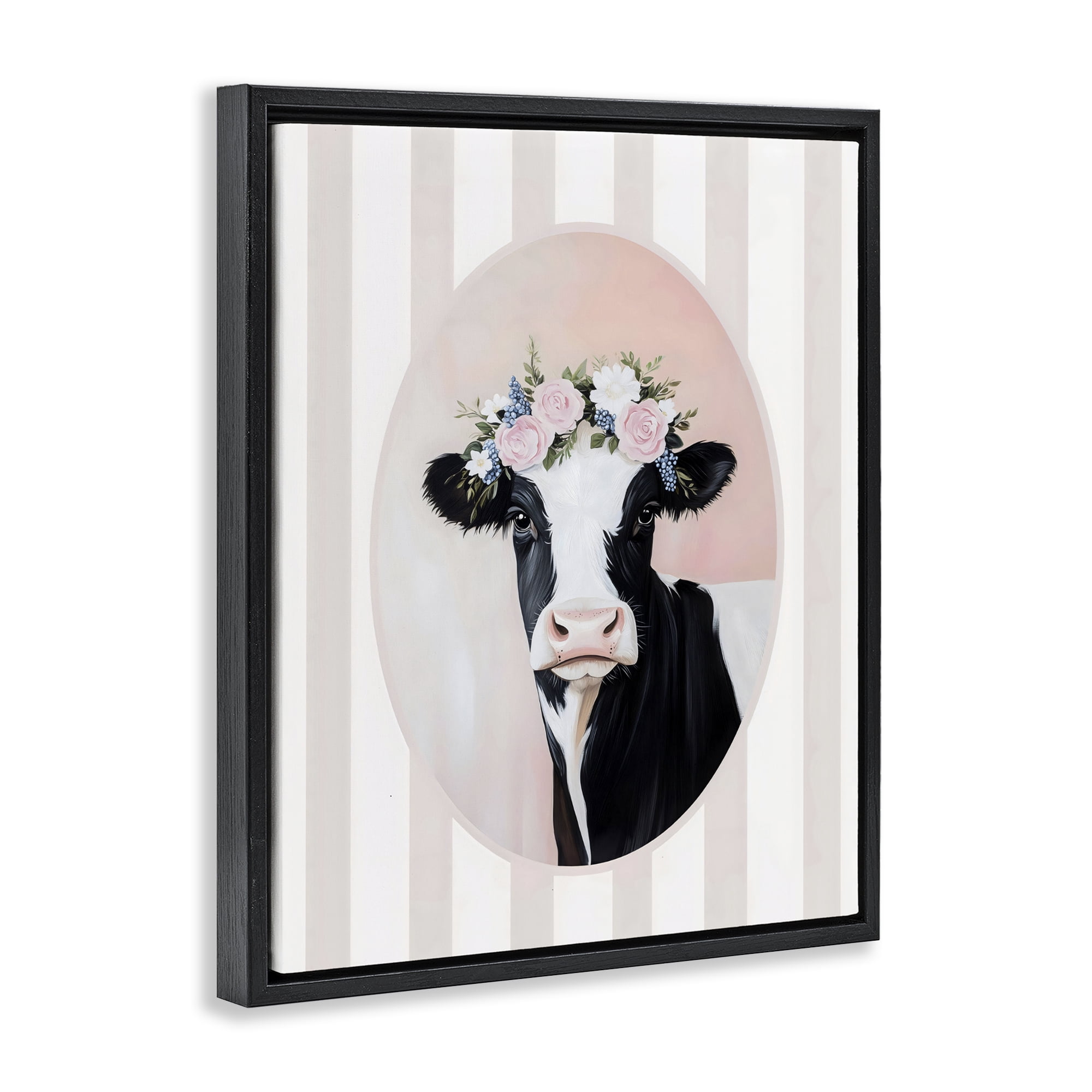Stupell Industries Soft Cow with Floral Crown Black Framed Floater Canvas Wall Art, design by Arlington Prints