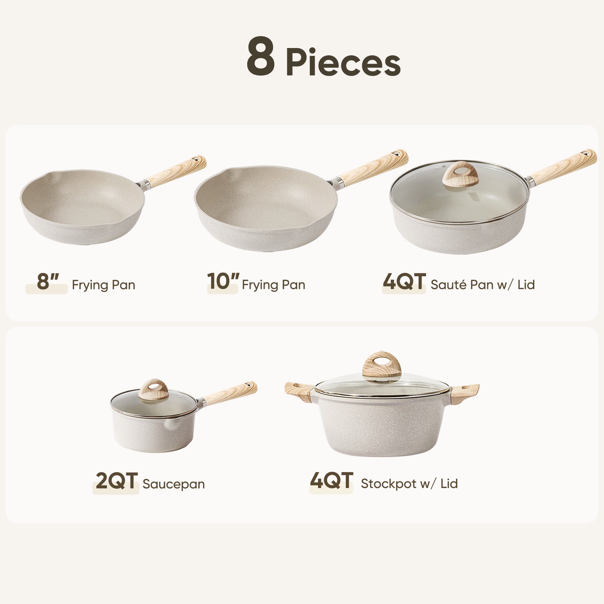Carote Nonstick Cookware Set 8-Piece,Kitchen Pots and Pans Set,Stay-Cool Handles,Induction Compatible,Cookware Set for RV and Camping,Beige