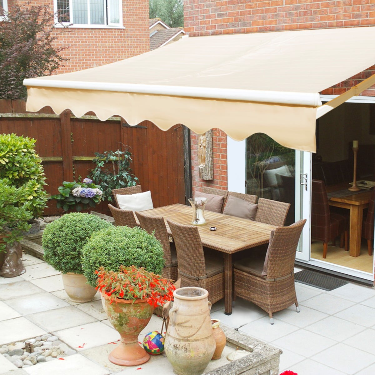 Sun Protection LZQ Folding Manual Awning DIY Patio Retractable Awning with Crank Handle Brown Anti-UV and Waterproof Polyester Restaurant Beige for Courtyard Balcony 360 x 300 cm