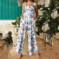 Zedker Casual Beach Jumpsuits For Women Sleeveless Printed Jumpsuits For Women Smocked Wide Leg Vacation Outfit ,Blue1,M