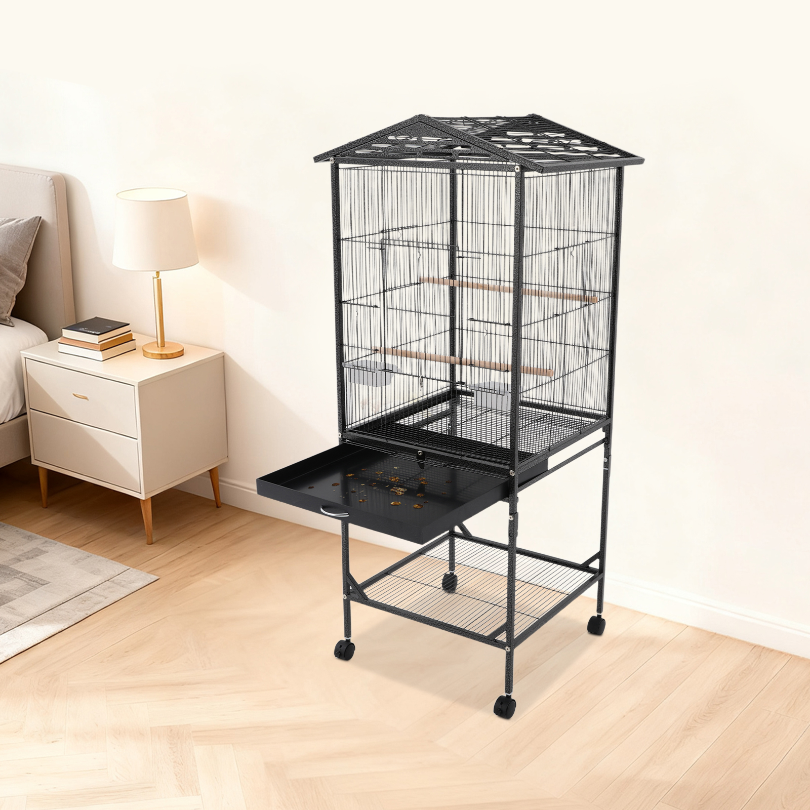 Black Iron 46*46*125cm Metal Birdcage Wheeled Storage Pet Cage Household Open Birdhouse