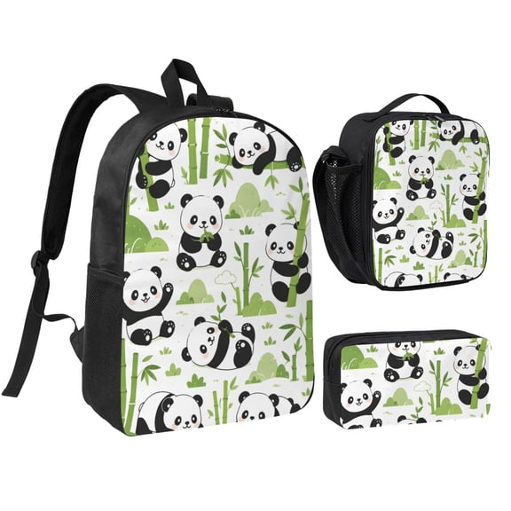 Cute Panda Bamboo Backpack Set 3pc Including Backpack, Lunch Bag and Pen Bag Combination