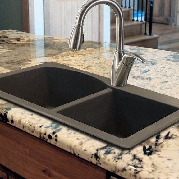 Transolid Aversa 33'' L x 22'' W Granite Double Offset Drop-in Kitchen Sink