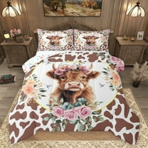 Homewish Kawaii Highland Cattle Bedding Comforter Set, Fashion Brown Cow Print Twin Comforter Sets, Romantic Rose Floral Reversible Bedding Set, Luxury Bedroom Decor, 2pcs