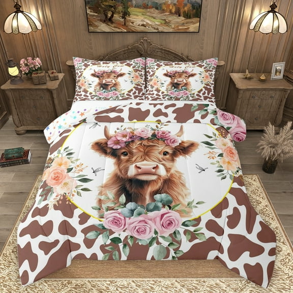 Homewish Kawaii Highland Cattle Bedding Comforter Set, Fashion Brown Cow Print Twin Comforter Sets, Romantic Rose Floral Reversible Bedding Set, Luxury Bedroom Decor, 2pcs