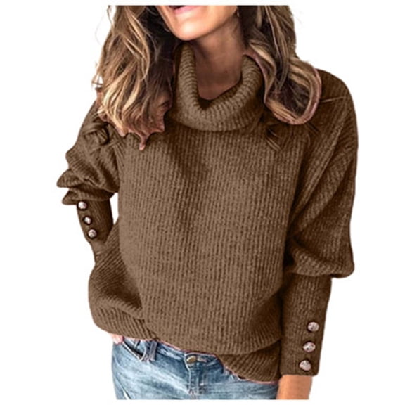 GBSYEWXS Sweaters For Women Daily Wear Comfortable Pullover Long Sleeve High Neck Solid Color Coffee Sweater