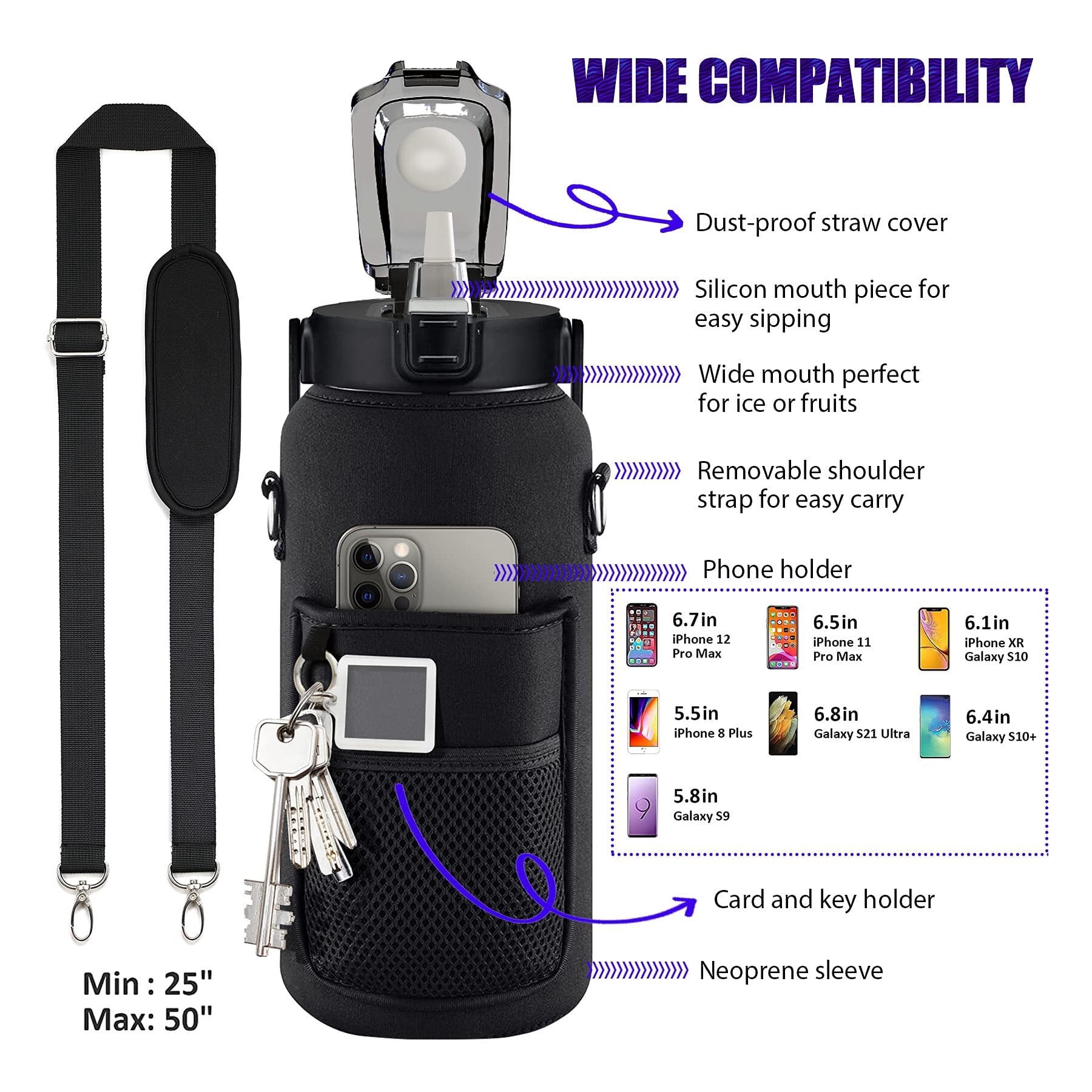 Half Gallon Water Bottle with Sleeve, 64OZ Motivational Water Bottle with Straw & Time Marker, BPA Free Leakproof Gym Water Bottle for Sport Workout