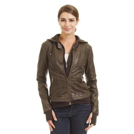 - MBJ WJC1433 Womens Hoodied Faux Leather biker Jacket L COFFEE
